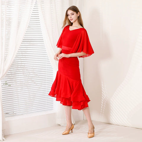 Long Latin Dance Dress for Women Red Modern Ruffles Sleeves Ballroom Dance Costume Waltz Tango Performance Clothes for Female - Moderndancedress.com