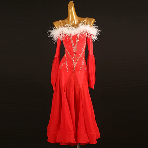 Red with White Feather Competition Ballroom Dance Dress for Women Girls Kids Waltz Tango Flamenco Rhythm Party Performance Ball Gown - Moderndancedress.com