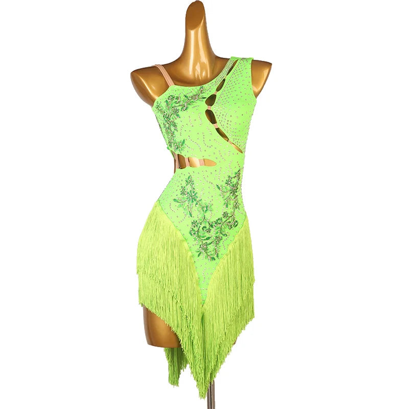 Slant Neck Yellow Blue Red Green Orange Latin Dance Competition Dresses for Women Girl Rumba Salsa Chacha with Stones Performance Clothes - Moderndancedress.com