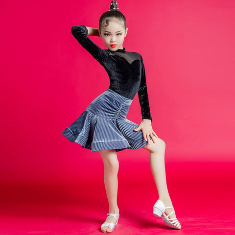 Girls Blue Yellow Velvet Latin Dance Dresses Kids Children Pink Salsa Chacha Rumba Practice Clothes Modern Dance Outfits - Moderndancedress.com