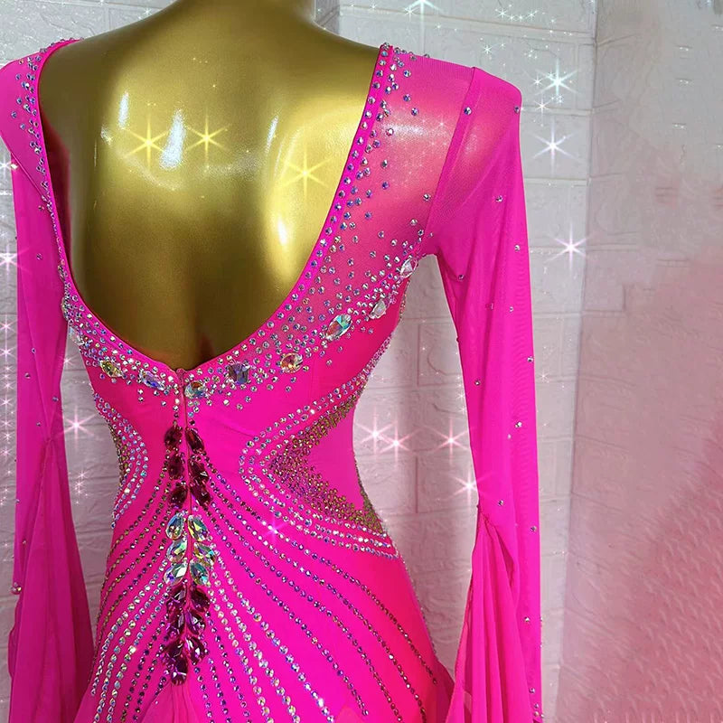 Custom Size Fuchsia Ballroom Dance Dress with Crystals | Competition Waltz Tango Gown