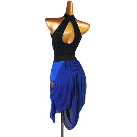 Black with royal blue diamond tassels competition latin dance dress for women salsa rumba chacha modern dance costumes for female
