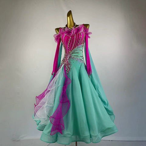 Customized Size Competition Ballroom Dance Dresses for Women Girls Blue Fuchsia Waltz Tango Performance Long Gown