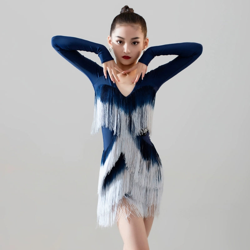Latin dance Dresses for kids girl pink blue fringe latin ballroom salsa rumba chacha gradient tassel training outfits for Children - Moderndancedress.com