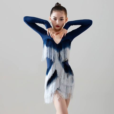 Latin dance Dresses for kids girl pink blue fringe latin ballroom salsa rumba chacha gradient tassel training outfits for Children - Moderndancedress.com