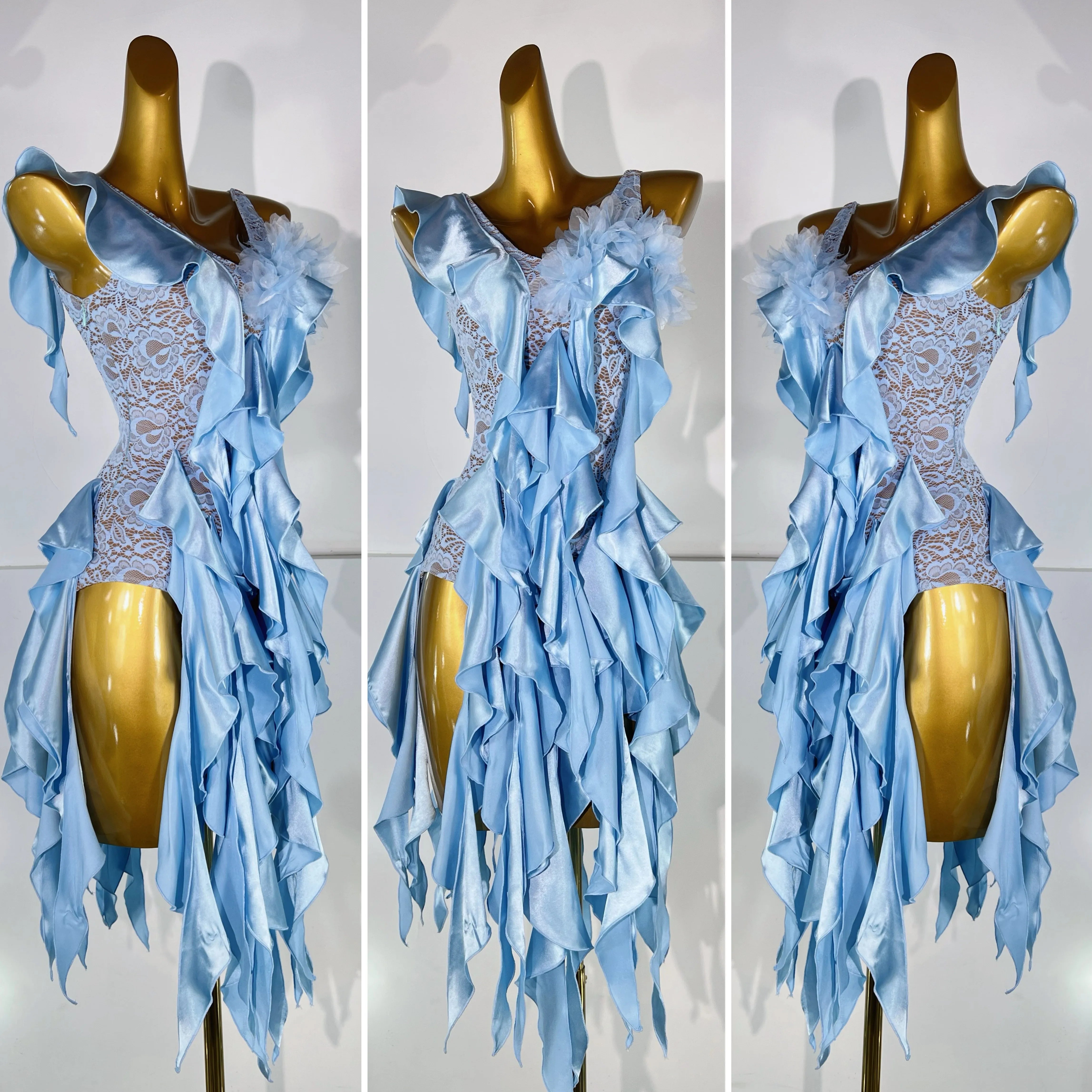 Custom Size Blue Lace Latin Dance Dress Salsa Ballroom Irregular Hem Fringe Skirt