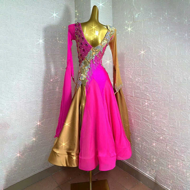 Custom Size Ballroom Dance Dresses for Women Gold Pink Waltz Tango Rhythm Dance Long Gown Long Swing Skirts