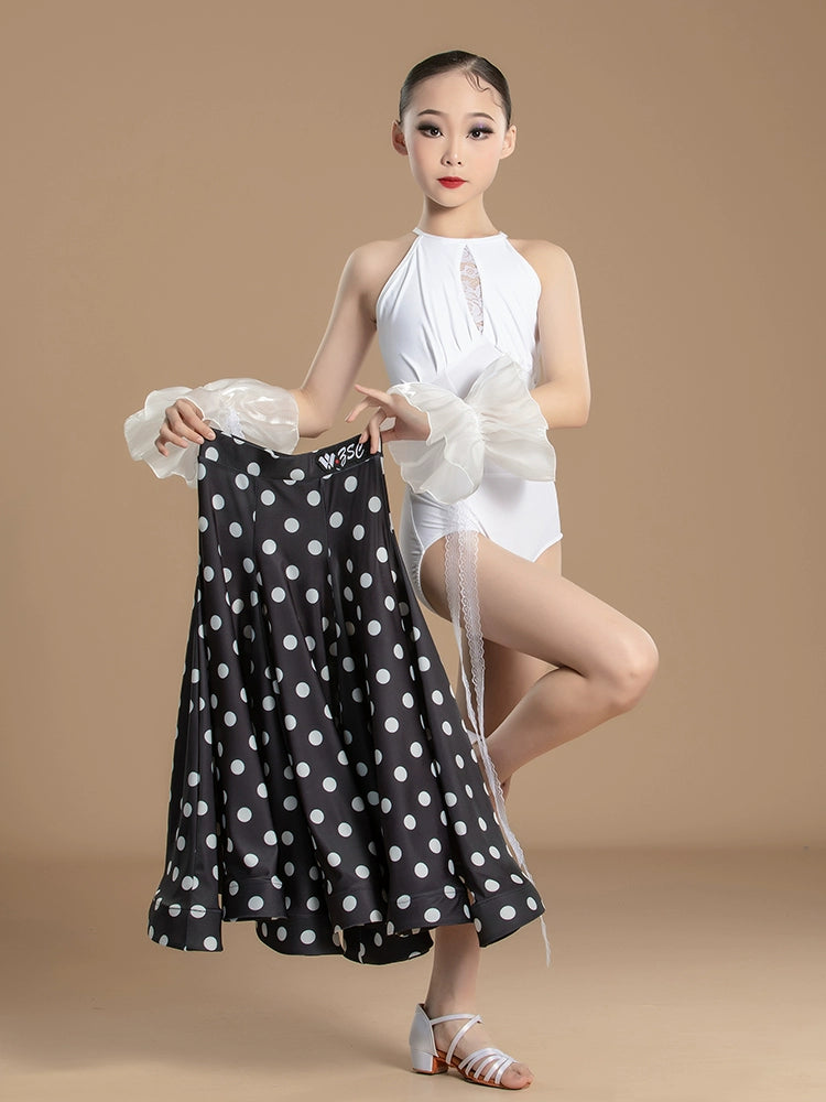 White Lace Polka Dot National Ballroom Dance Dresses for Kids Girls Competition Waltz Tango Party Performance Skirts - Moderndancedress.com