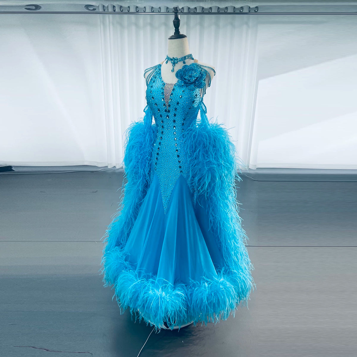 Custom Cyan Blue Ostrich Feather Competition Ballroom Dance Dress