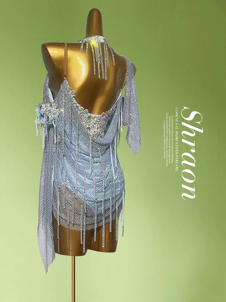 Custom Size Light Blue Rhinestone Mesh Latin Dress - Silver Fringe Dancewear