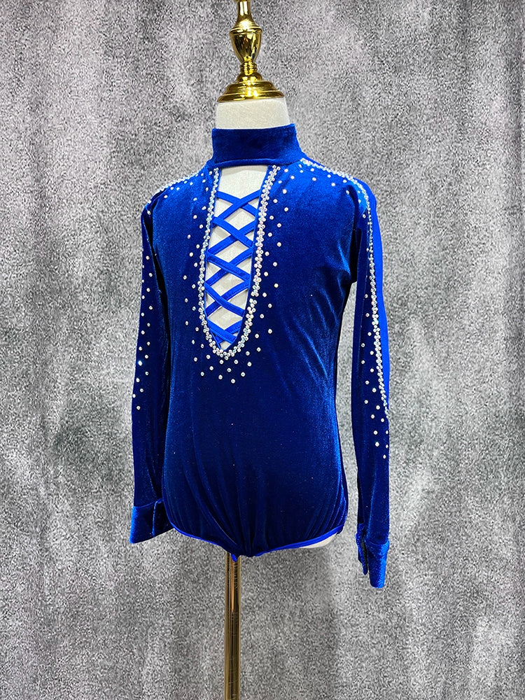 Children Boys Royal Blue Velvet Latin Dance Shirts Kids Rhinestones Turtle Neck Ballroom Latin Dance Competition Leotard Tops - Moderndancedress.com