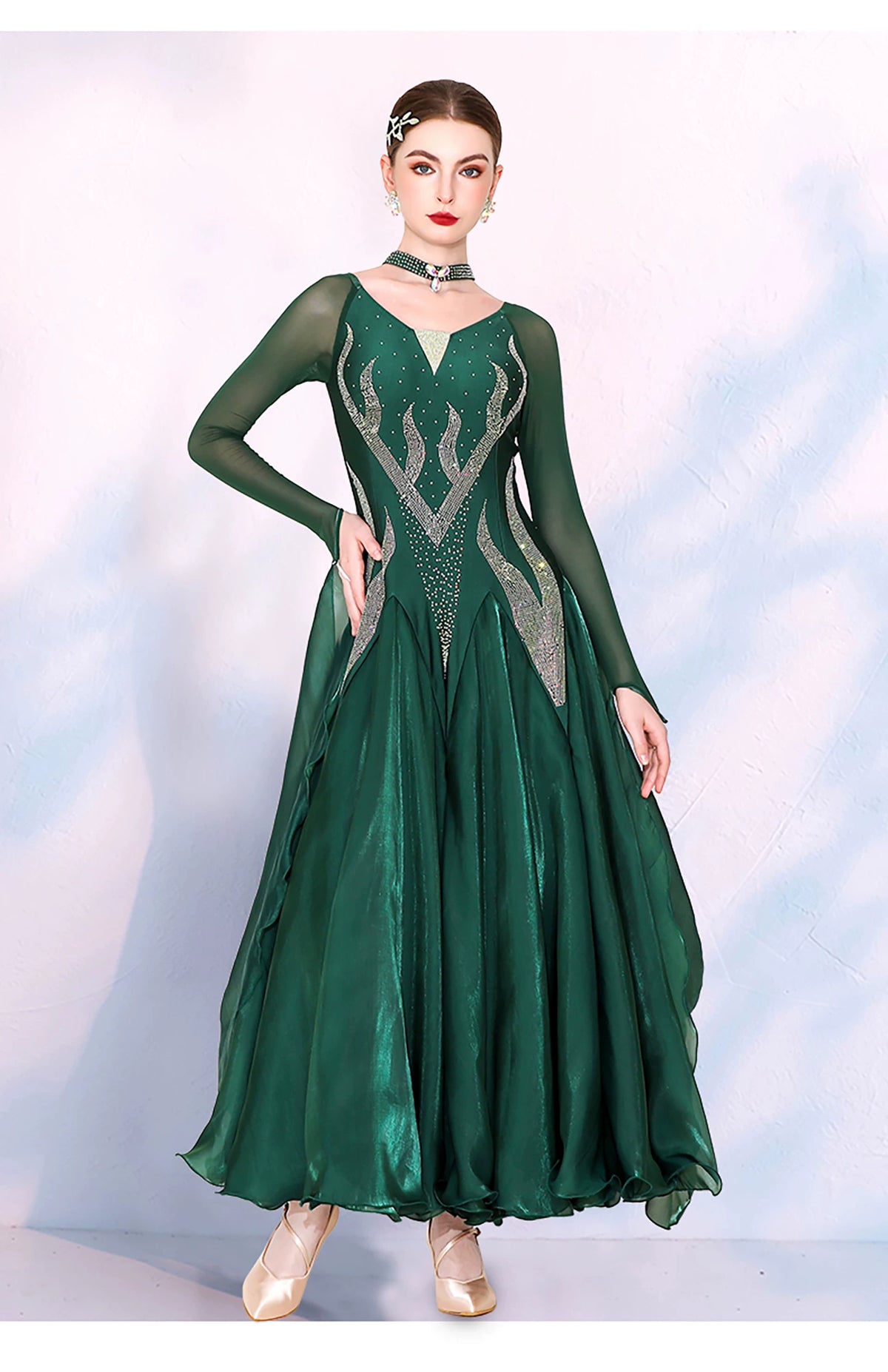 Women Dark Green Ballroom Dance Dress - Silver Rhinestone Waltz Foxtrot Gown