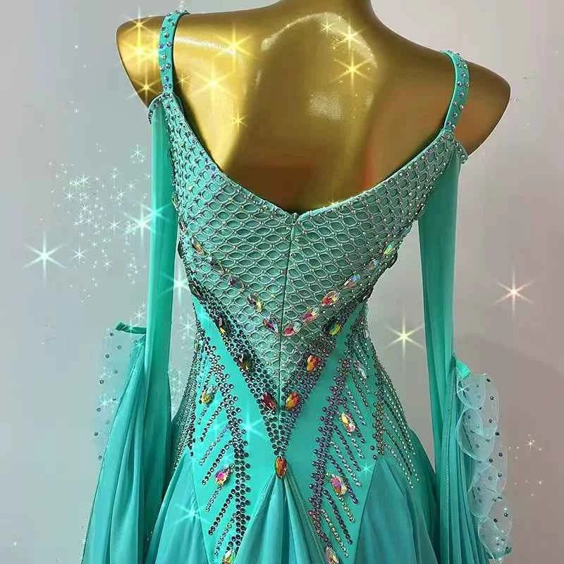 Custom Size Competition Ballroom Dance Dresses for Women Girls Turquoise Bling Waltz Tango Foxtrot Dance Long Gown