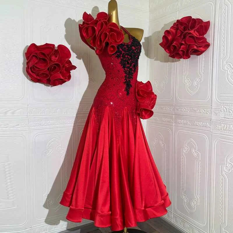 Custom Size Competition Ballroom Dance Dresses for Women Girls Waltz Tango Performance Long Gown with Hand Flowers