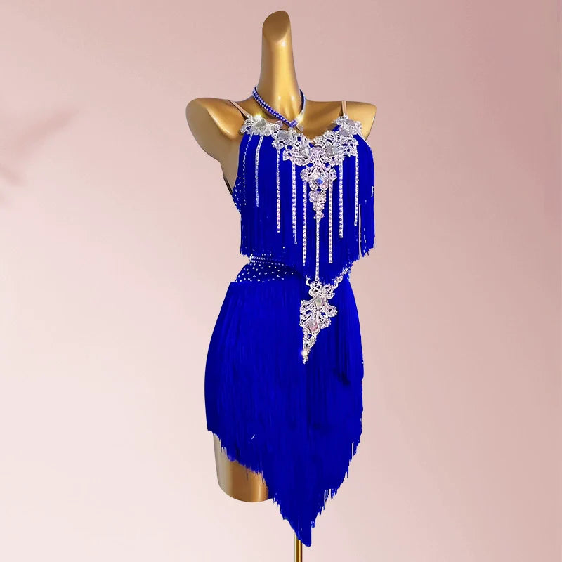 Customized size Yellow blue pink tassels Latin dance competition dressses  for adult kids professional solo flower dance bling clothes - Moderndancedress.com