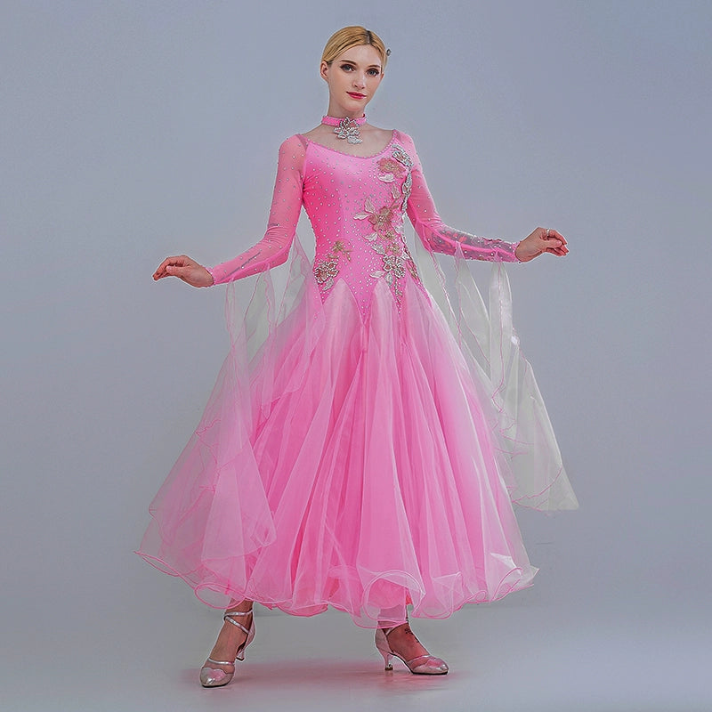 Modem ballroom dance dresses for women girls pink diamond ballroom dancing competition gown waltz tango foxtrot dancing skirt - Moderndancedress.com