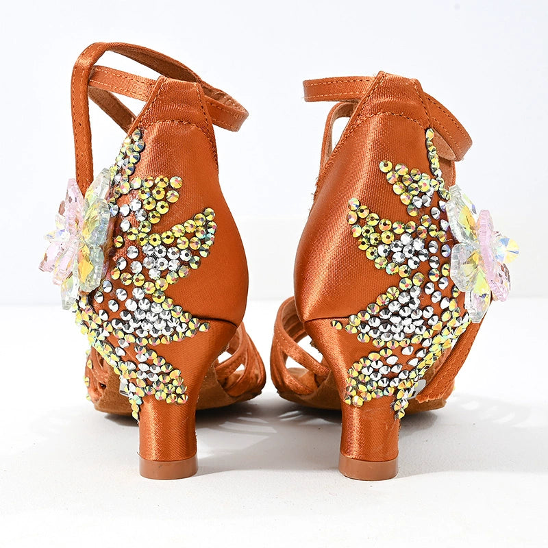 Rhinestones Flower Sparkling Latin Dance Shoes Adult Ladies Soft Sole Indoor High Heel Competition Professional Ballroom Waltz Tango Salsa Chacha  Dance Sandals - Moderndancedress.com