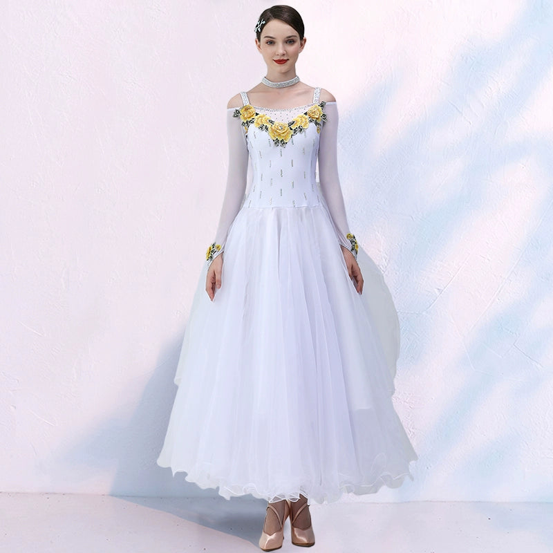 Women Navy Ballroom Dance Dresses with Flowers Waltz Tango Foxtrot Smooth Dance Swing Skirts Party Ball Dance Long Gown