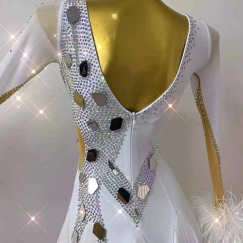 Custom Size White Competition Ballroom Dance Dress Waltz Tango Feather Smooth Dance Gown