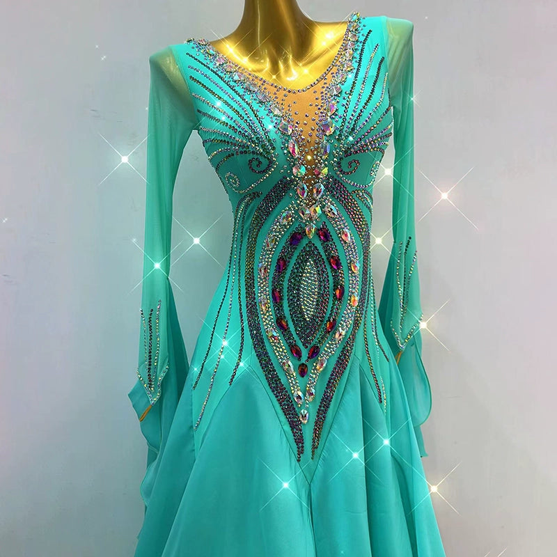 Custom Size Green Ballroom Dance Dresses for Women Girls Waltz Tango Smooth Foxtrot Rhythm National Standard Dance Gown