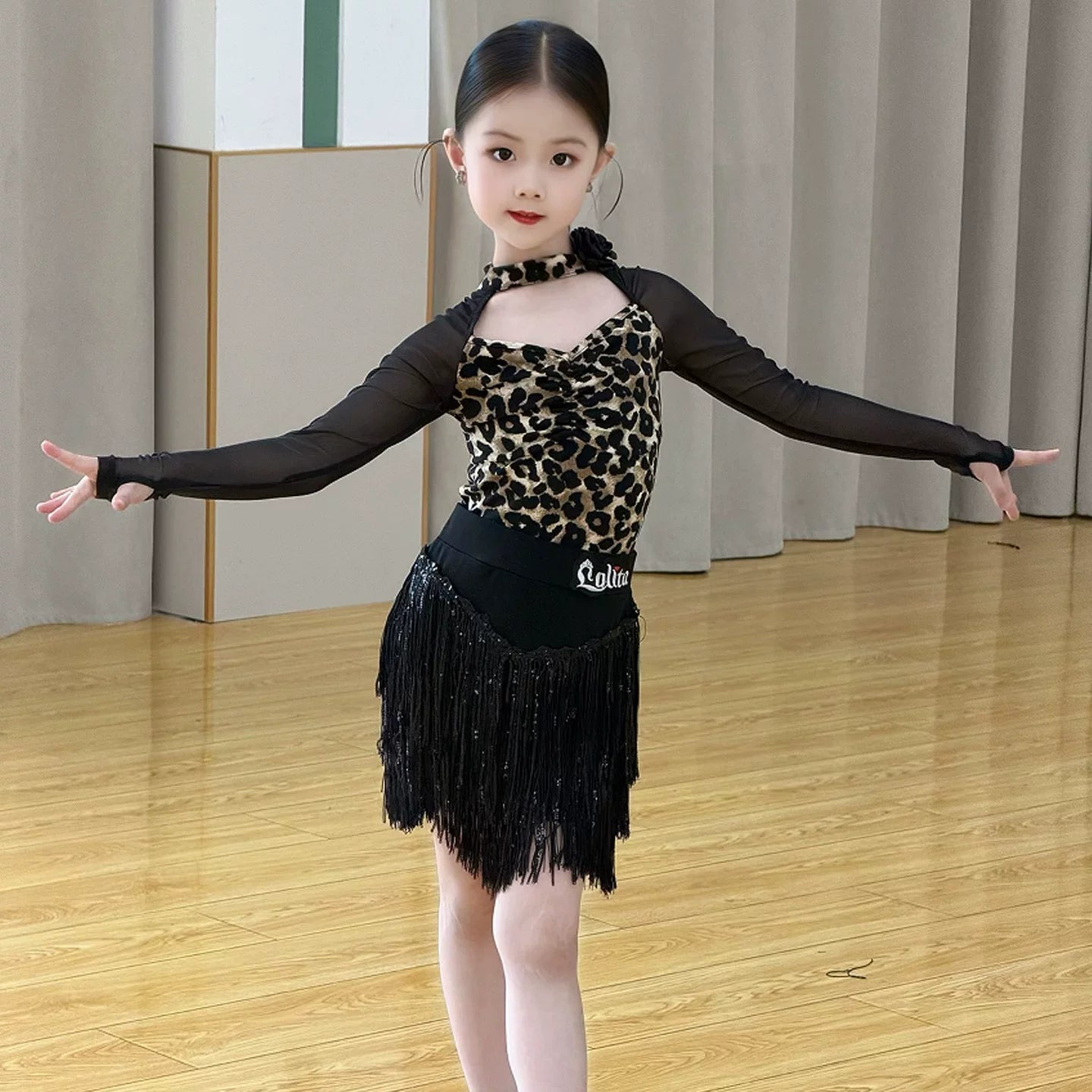 Black Leopard Print Girls Latin Dance Dress, Two‑Piece Tassel dress Set