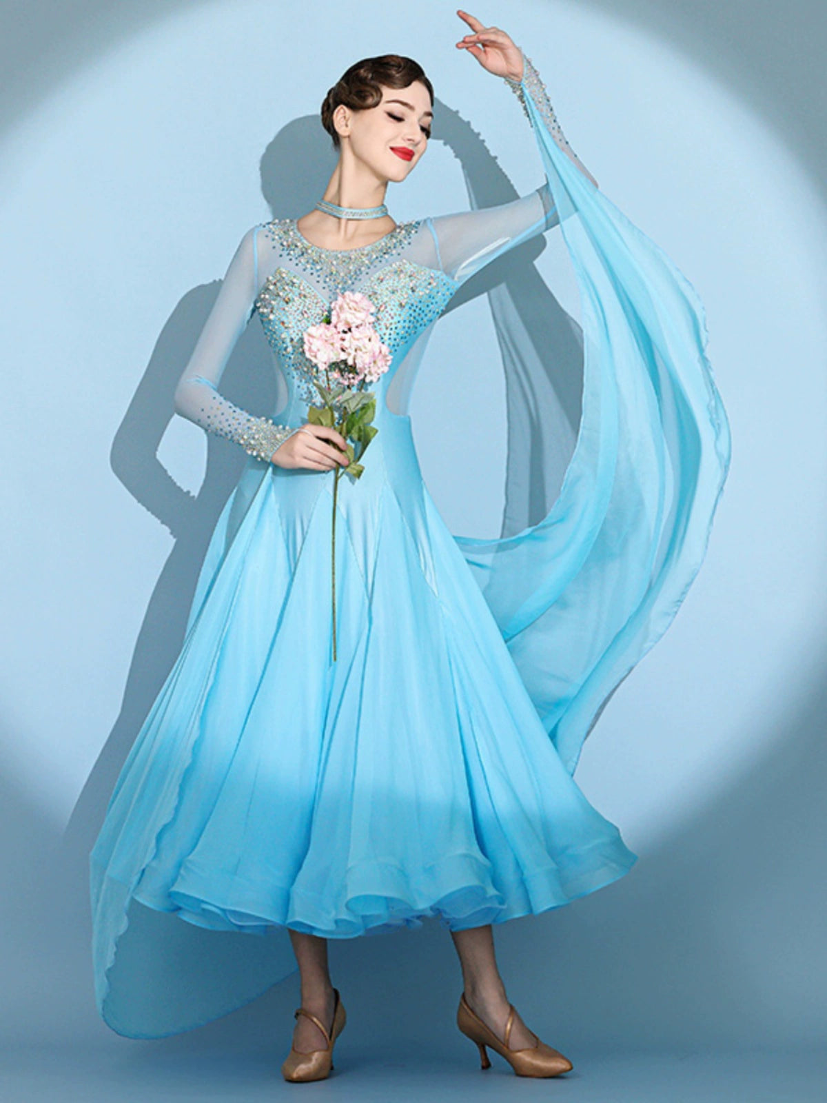 Custom size blue gemstones ballroom competition dresses for women girls children waltz tango foxtrot senior dance performance gown - Moderndancedress.com