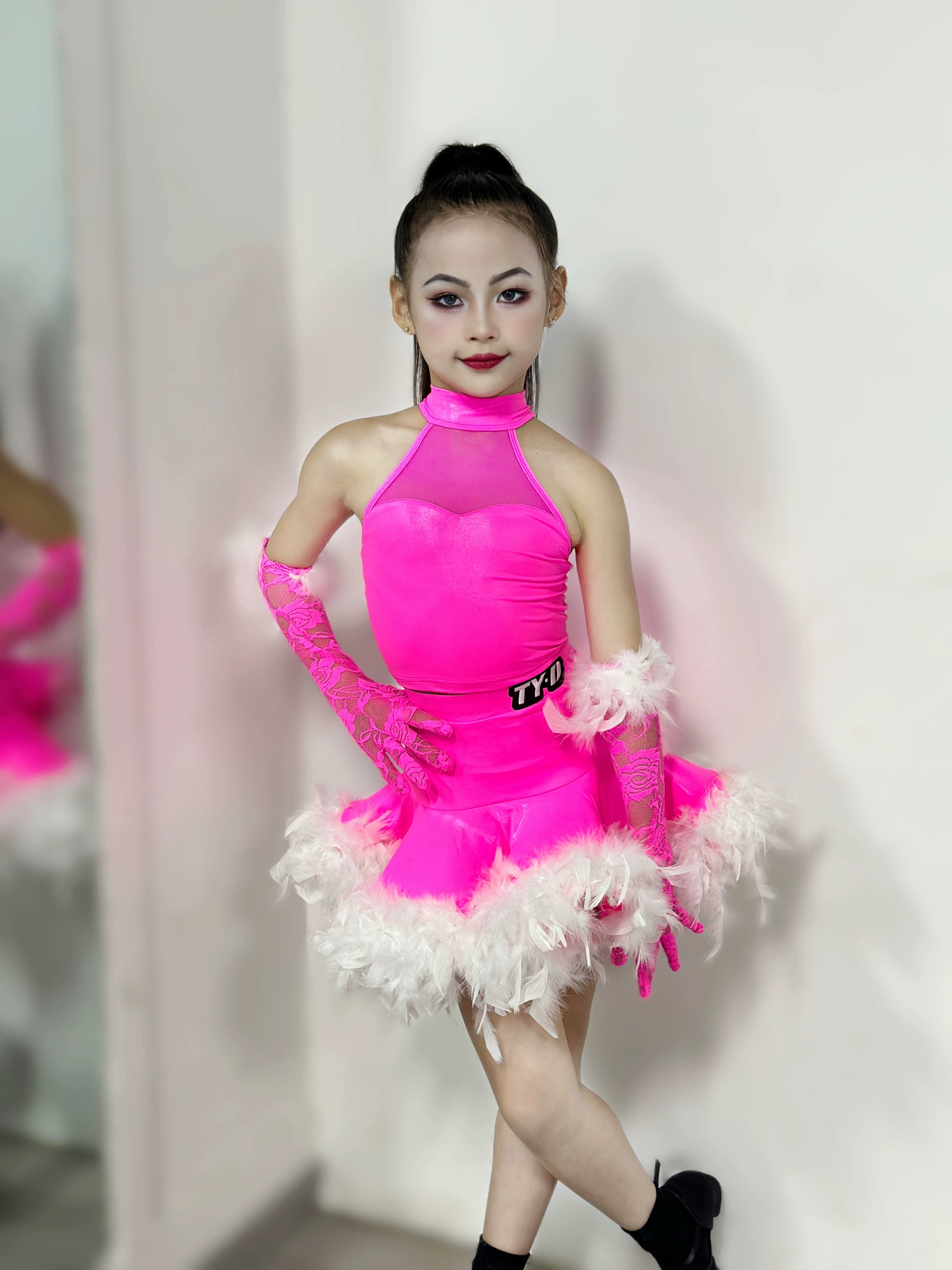 Girls Pink with White Feather Latin Dance Dresses Competiton Stage Performance Salsa Rumba Chacha Party Dancing Costumes for Kids - Moderndancedress.com