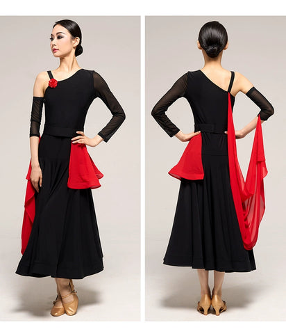 Ballroom Dance Dresses for Women Girls One Shoulder Long Sleeve Black Slant Neck National Standard Waltz Tango Competition Dress - Moderndancedress.com