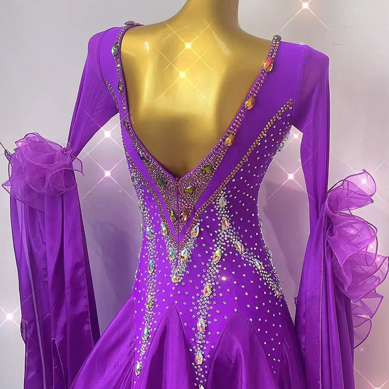 Custom Purple Ballroom Dance Competition Dress with Crystals Waltz Smooth Dance Gown