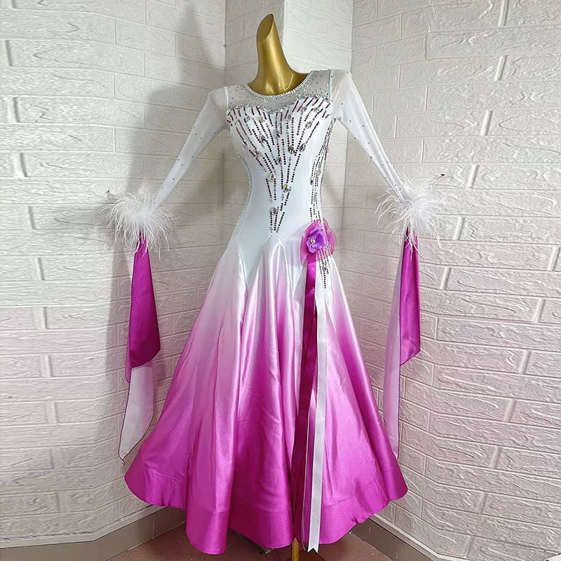 Customized Size Fuchsia White Gradient Ballroom Dance Dress for Women Smooth Foxtrot Rhythm Dancing Gown