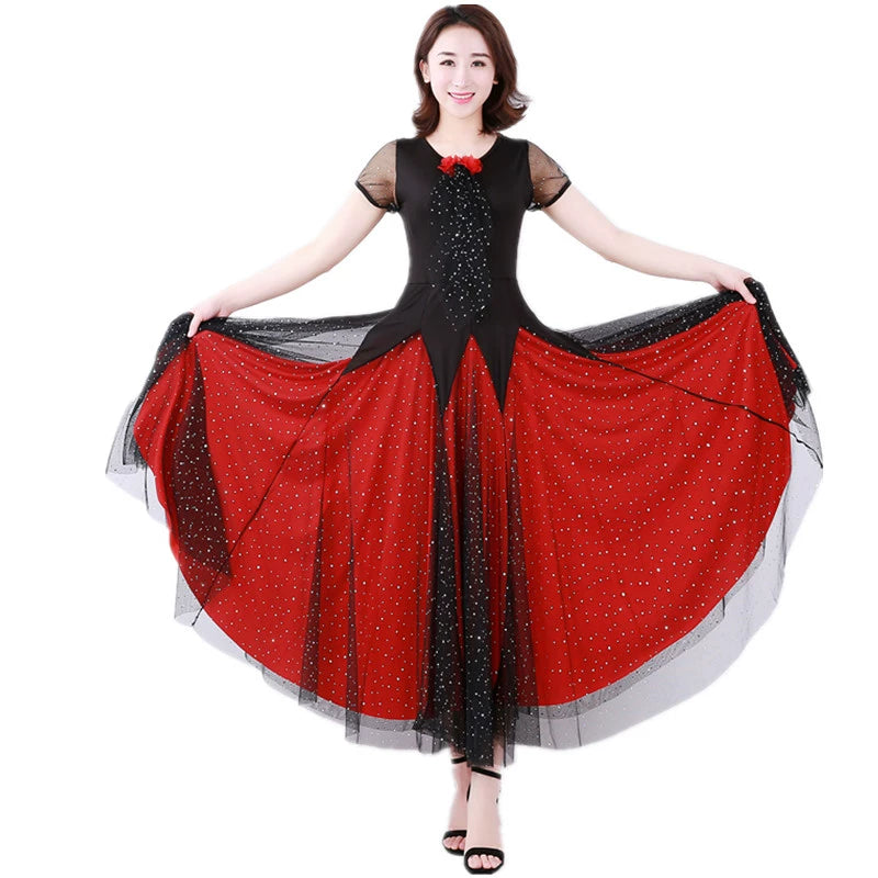 Women's Ballroom Dance Dresses Short-sleeved modern dress national standard performance dress Waltz dress - Moderndancedress.com