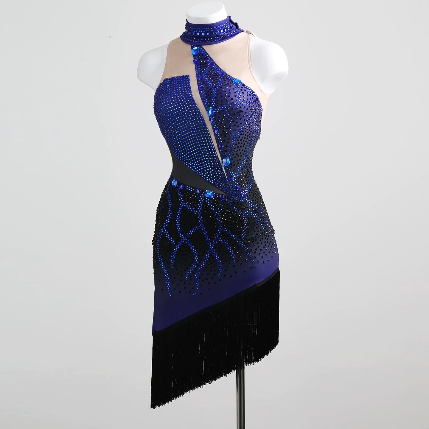 Blue Crystal Bling Latin Dance Dress for Women Girls Salsa Chacha Prom Party Performance Costume