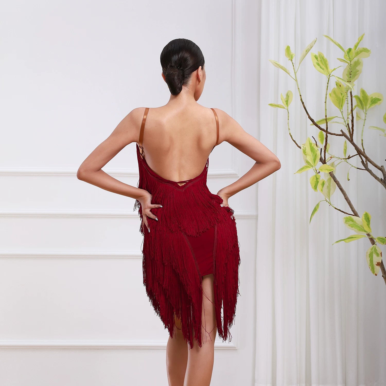 Latin Dance Dress Pink Wine Fringe Salsa Chacha Ballroom Dance Costumes Sling Clothing