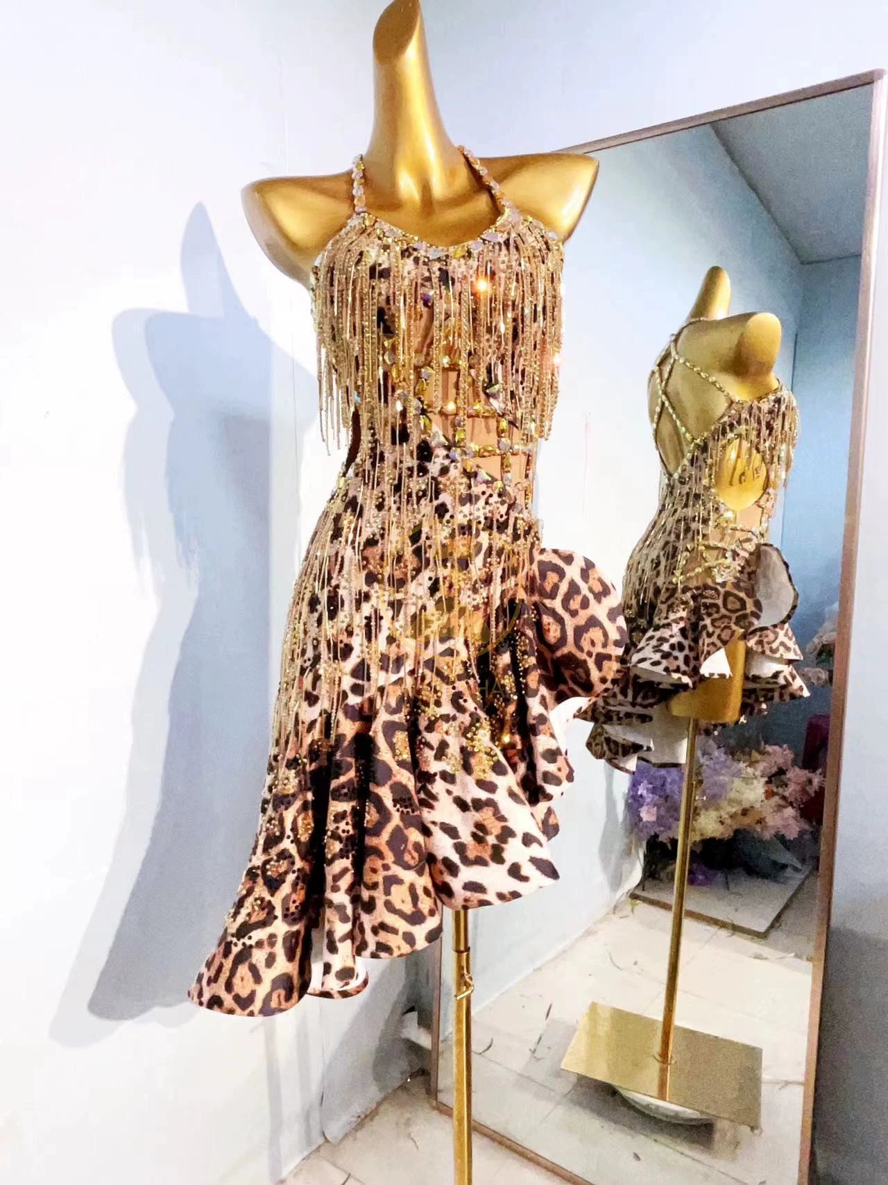 Custom Size Leopard Competition Latin Dance Dresses for Women Girls Salsa Rumba Chacha Dance Wear