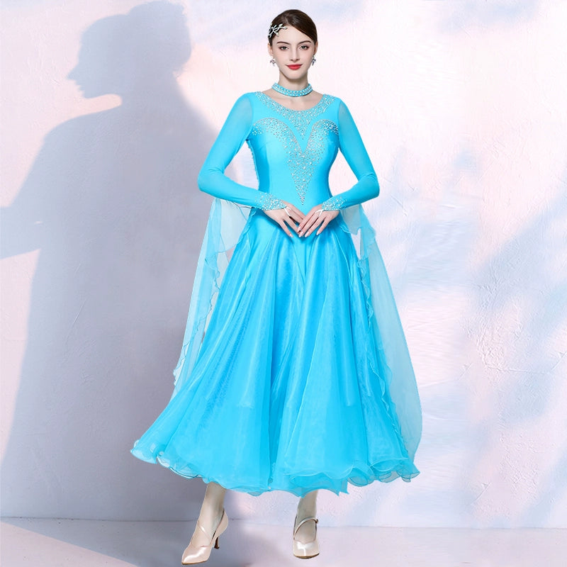 Turquoise Yellow Competition Ballroom Dance Dresses for Women Girls Waltz Tango Rhythm National Dance Gown - Moderndancedress.com