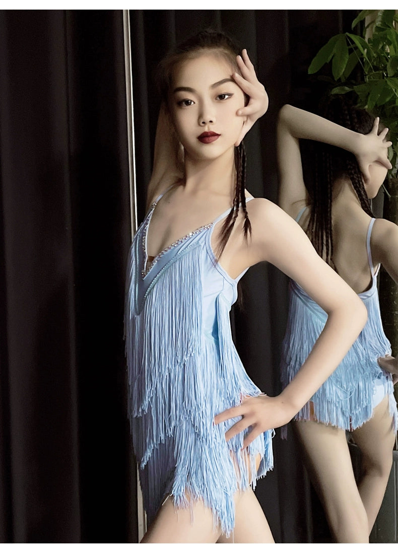 Blue Fringed Girls Latin Dance Dresses with Diamond Salsa Rumba Chacha Performance Costumes for Kids - Moderndancedress.com