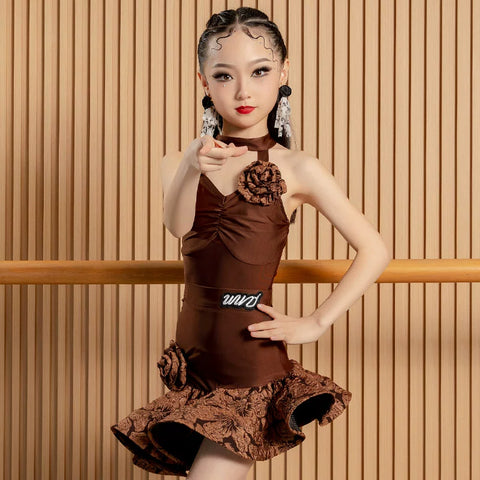 Pink Flowers Latin dance dresses for kids children girl black practice outfits performance costumes for girls - Moderndancedress.com