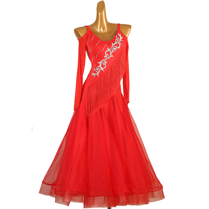 Red Silver Pattern Ballroom Dance Dress for Women Waltz Tango Black Fringed Rhythm Performance Long Gown - Moderndancedress.com