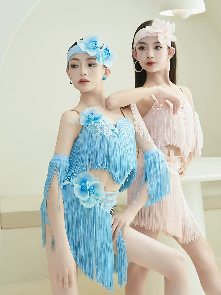Pink Blue Fringe Latin Dance Dresses for Kids Children's Latin Salsa Ballroom Performance  Catwalk Model Performance Costumes Girls - Moderndancedress.com