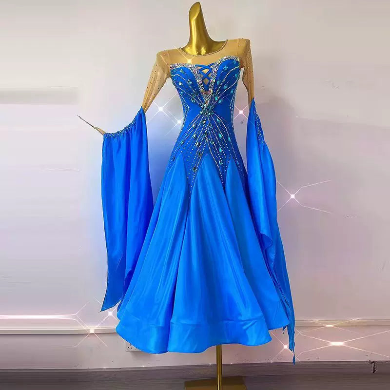 Customized Size Competition Blue Rhinestones Ballroom Dance Dress Waltz Tango Rhythm Foxtrot Dance Gowns