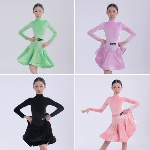 Girls kids competition ballroom latin dance dresses pink Ultra-thin velvet modern dance costume professional standard dance outfits - Moderndancedress.com