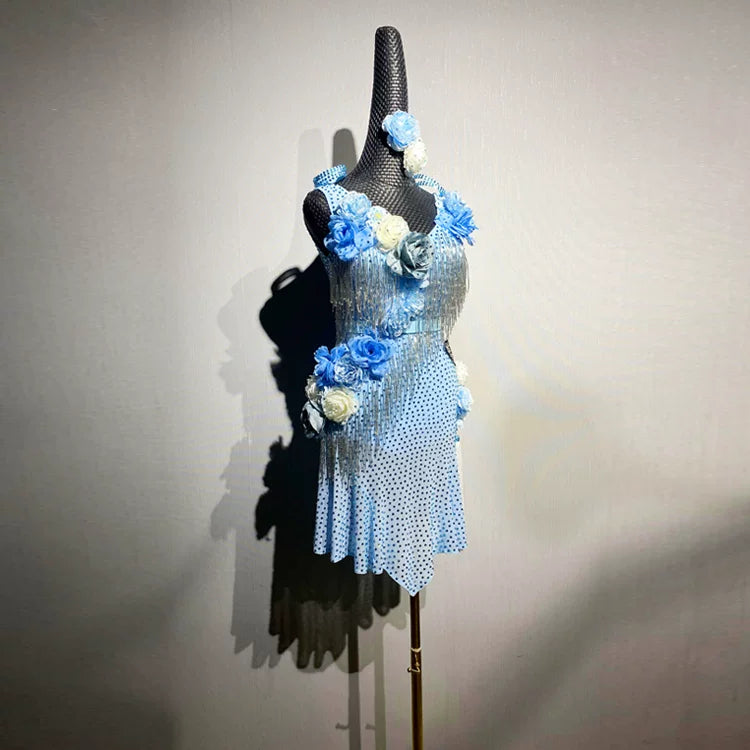 Custom Size Light Blue Latin Dance Dress with 3D Flowers Blackpool Competition Wear