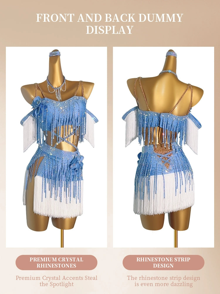Custom Size Competition Latin Dance Dresses for Women Girls Light Blue White Fringe Salsa Rumba Chacha Latin Dance Costumes