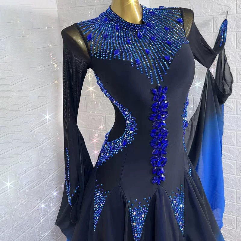 Custom Size Black Blue Crystal Competition Ballroom Dance Dress Standard Smooth Waltz Tango Dance Gown