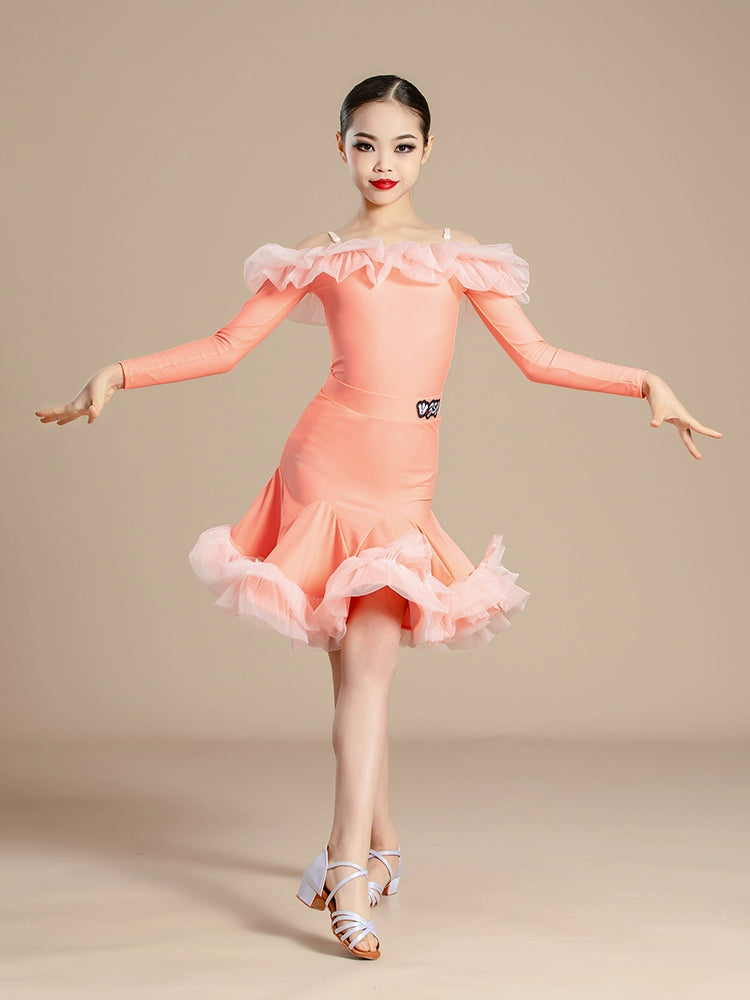 Girls kids orange light purple ruffles Latin dance dresses dew shoulder salsa ballroom latin performance outfits  practice costumes - Moderndancedress.com