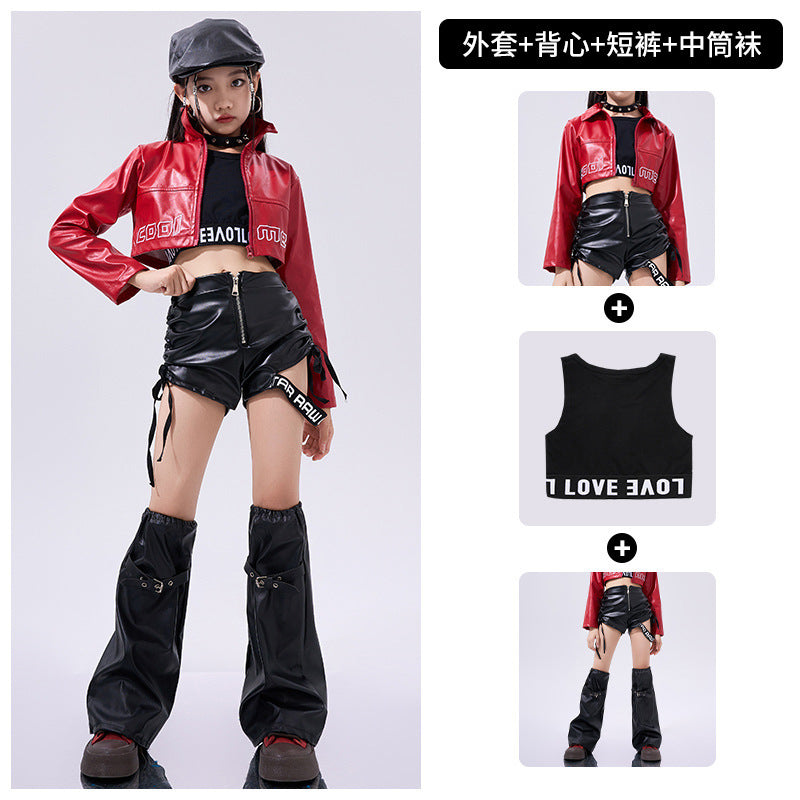 Girls Hiphop Dance Costumes for Kids Children Red Pu Leather Punk Rock Jazz Dance Wear Model Show Street Catwalk Dance Outfits