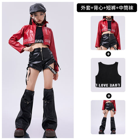 Girls Hiphop Dance Costumes for Kids Children Red Pu Leather Punk Rock Jazz Dance Wear Model Show Street Catwalk Dance Outfits