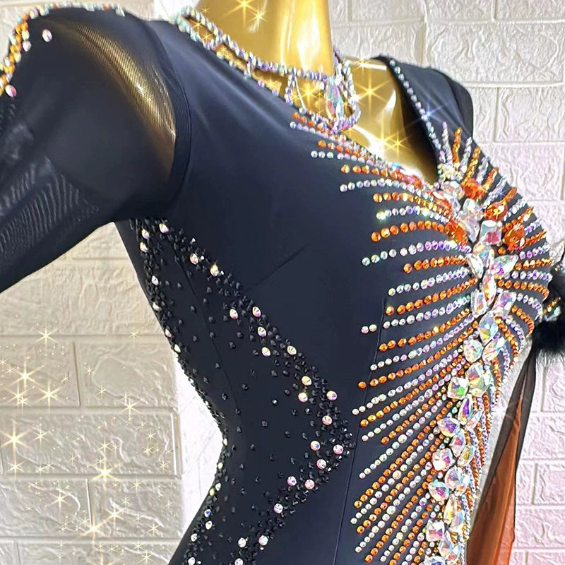 Custom Size Orange Competition Ballroom Dance Dresses for Women Diamond Waltz Tango Rhythm Performance Long Gown