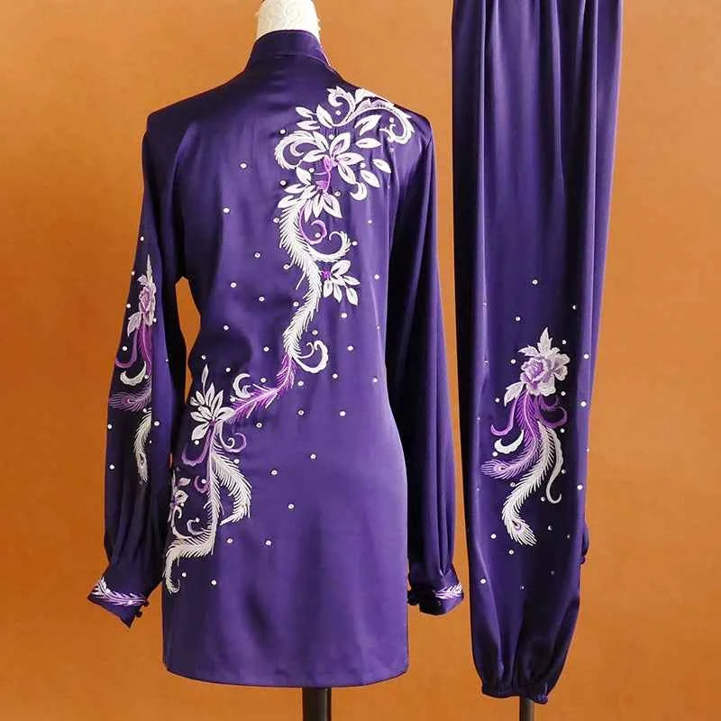 Custom Size Tai Chi Clothing Purple Blue Embroidered Flowers Wushu Martial Arts Competition Uniforms Baduanjin Clothes