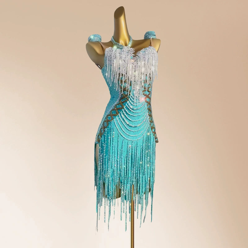 Custom Size Red Yellow Black Blue Fringe Latin Dance Competition Dresses for Womeng Girls Black Pool Salsa Rumba Cha Cha Jive Dancing Costumes - Moderndancedress.com
